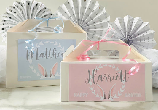 Personalised Easter Egg Hunt Gift Box | Rabbits | Bunny Ears | Easter Egg | Party Treat Box | Happy Easter | White